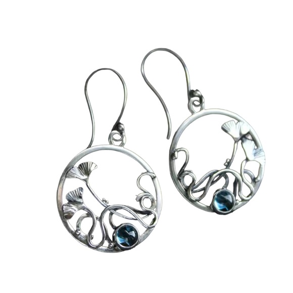 Silver and Blue Stone Maple Leaf Hoop Drop Earrings - Picture 5 of 5